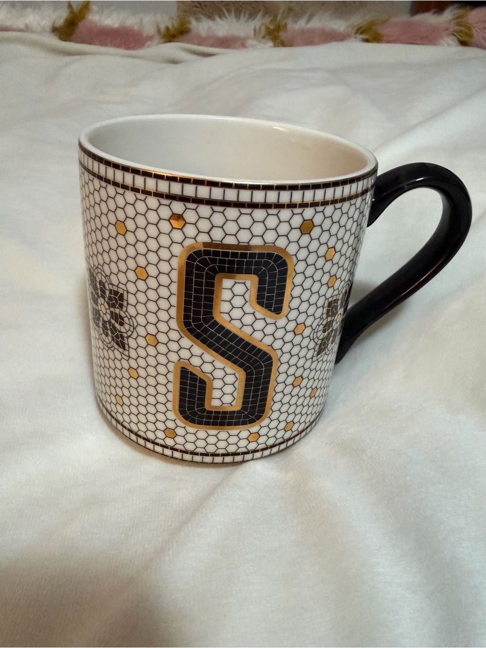 Anthropologie Bistro Monogram 'S' Ceramic Coffee Mug in Black and Gold